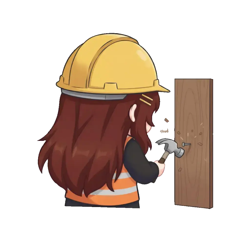 An image depicting an anime character nailing wooden boards to the page background